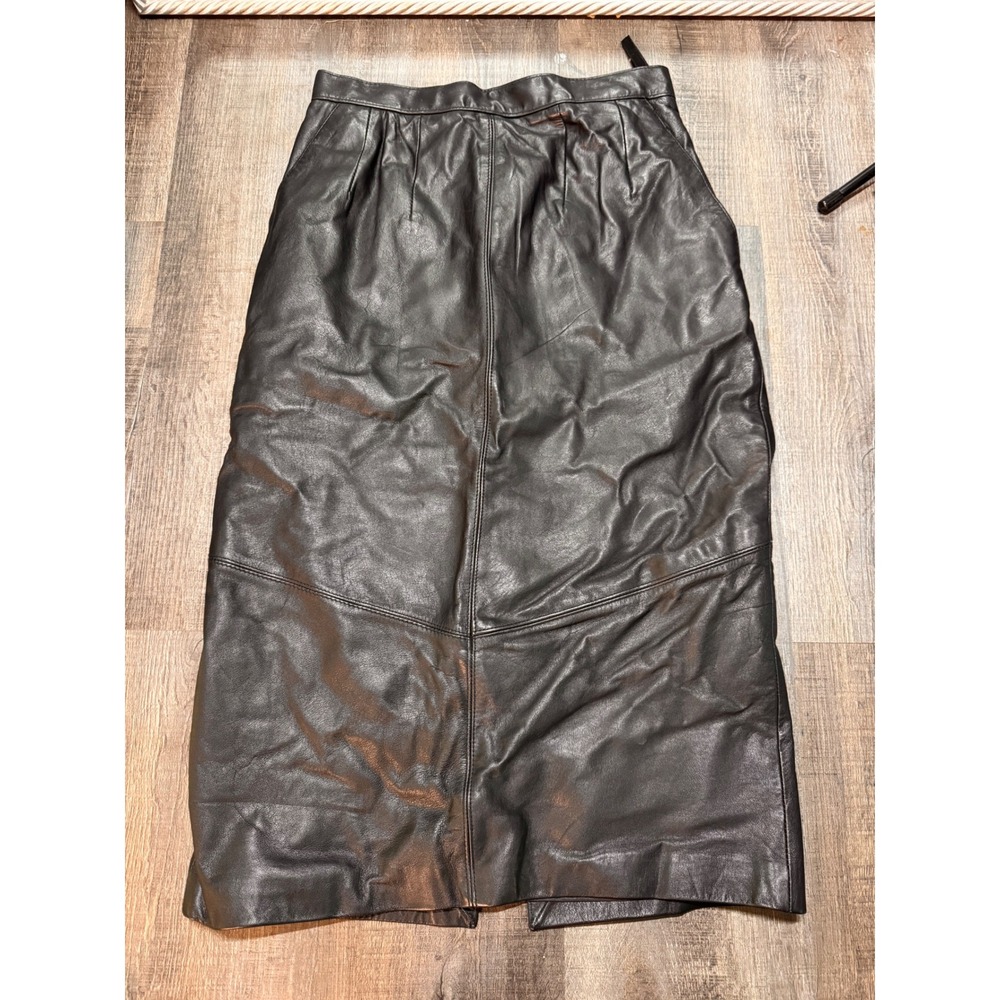 Vintage Pelle Cuir Black Leather Midi Skirt High Waisted Pencil Pockets RN 45820